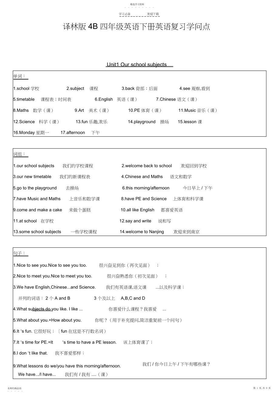 2022年译林版B四年级英语下册英语复习知识点整理.docx_第1页