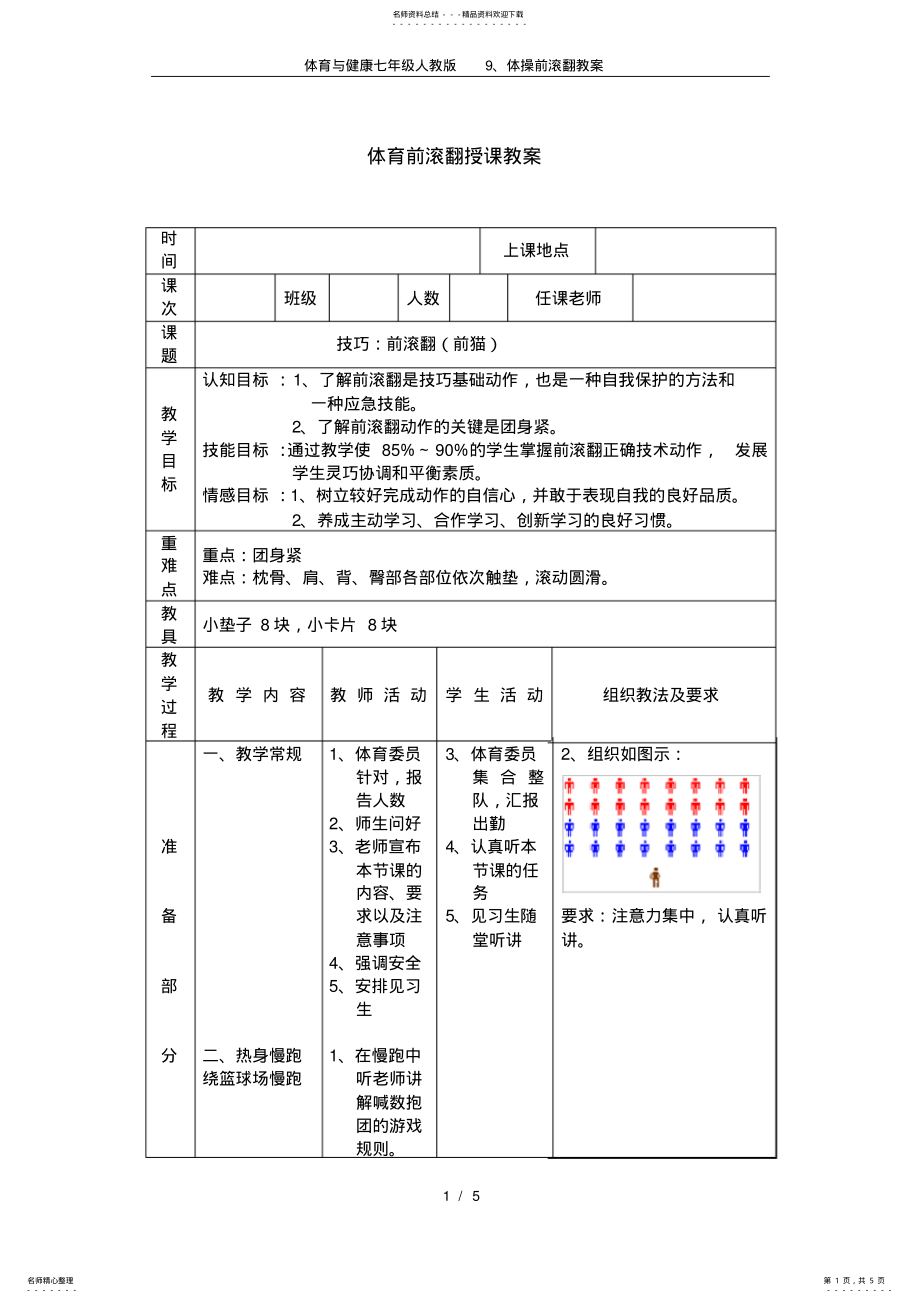 2022年体育与健康七年级人教版体操前滚翻教案 .pdf_第1页