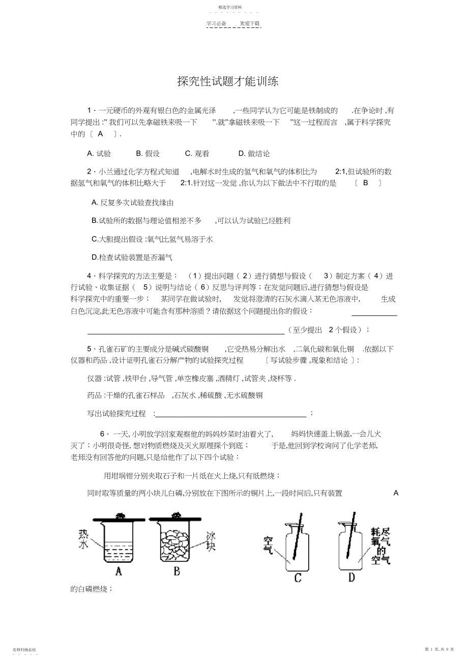 2022年九年级化学探究性试题能力训练.docx_第1页