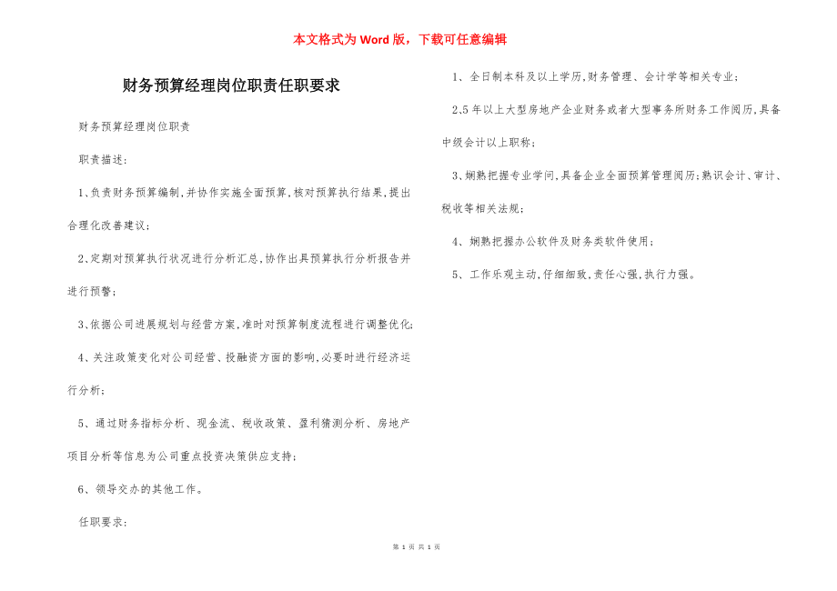 财务预算经理岗位职责任职要求.docx_第1页