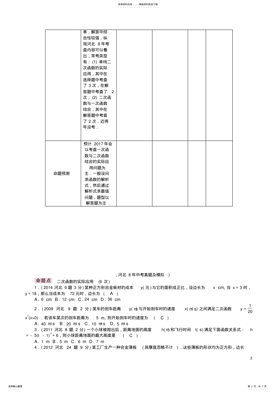 2022年中考数学第一编教材知识梳理篇第三章函数及其图象第六节二次函数的实际应用试题 .pdf_第2页