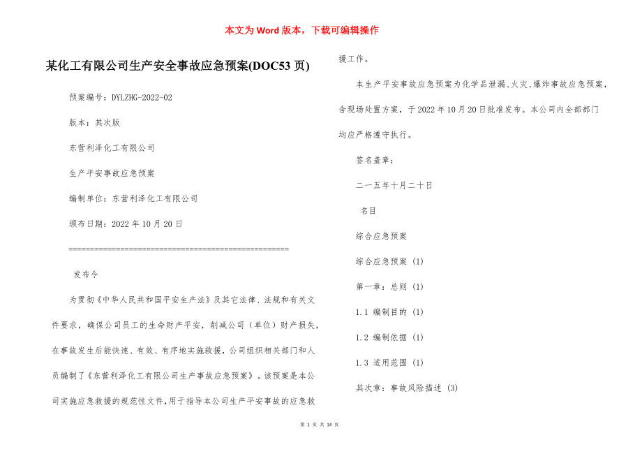 某化工有限公司生产安全事故应急预案(DOC53页).docx_第1页