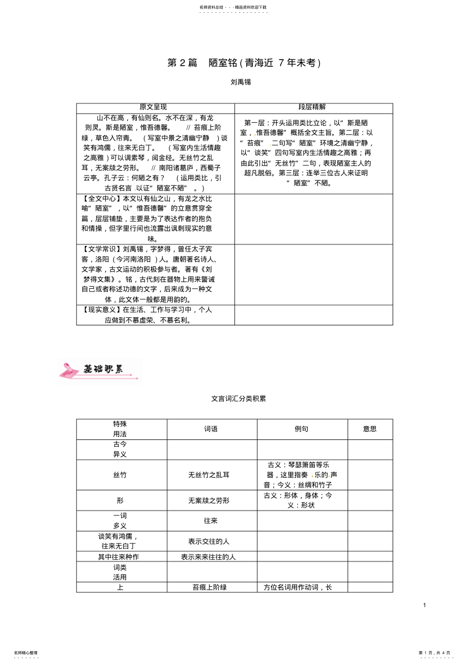 2022年中考语文总复习第一编教材知识梳理篇专题三八上第二节重点文言文解析第篇陋室铭 .pdf_第1页