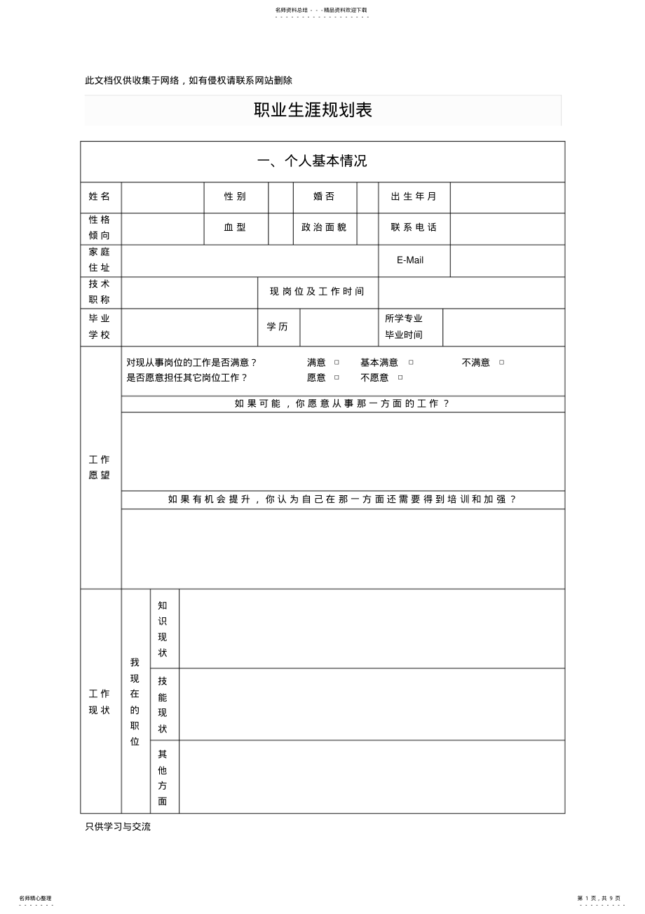 2022年企业员工职业生涯规划表模板讲课稿 .pdf_第1页