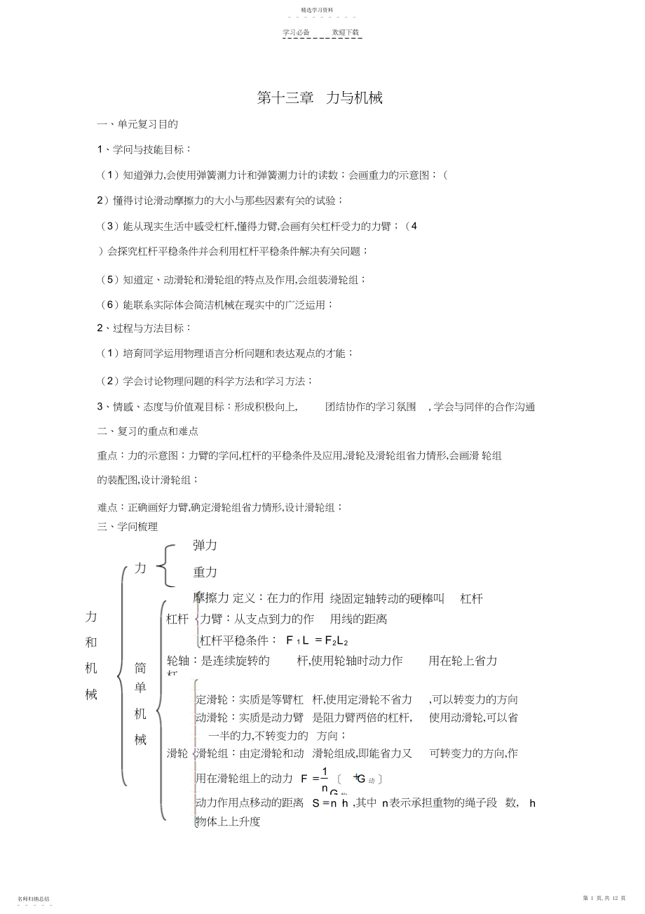 2022年九年级物理第十三章力与机械复习教案.docx_第1页