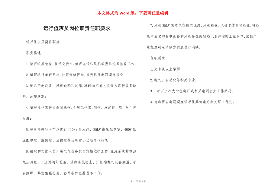 运行值班员岗位职责任职要求.docx_第1页