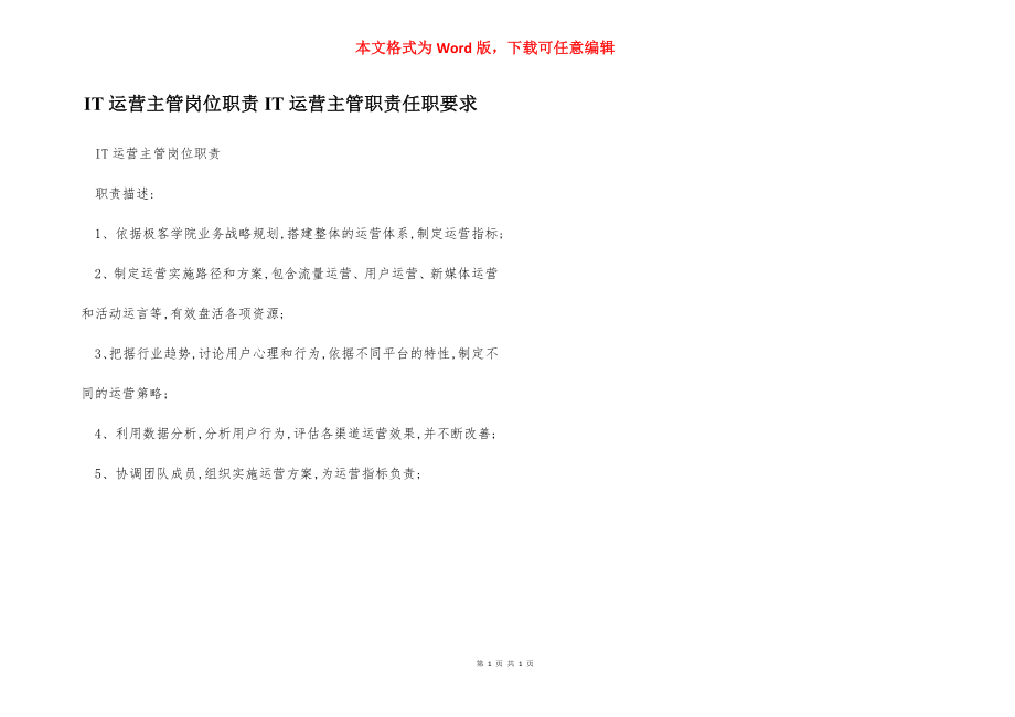 IT运营主管岗位职责IT运营主管职责任职要求.docx_第1页