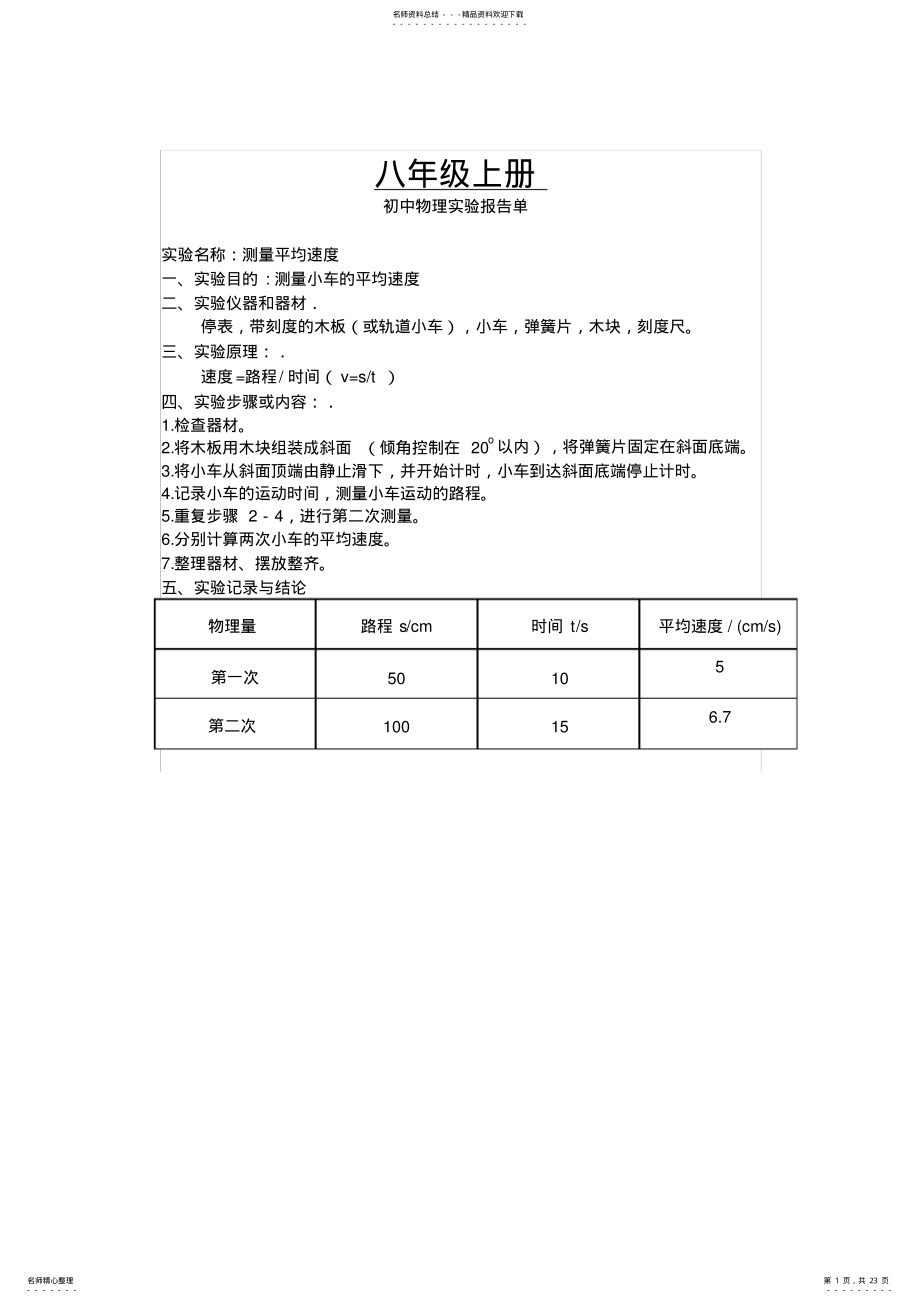 2022年人教版初中物理实验报告单 .pdf_第1页