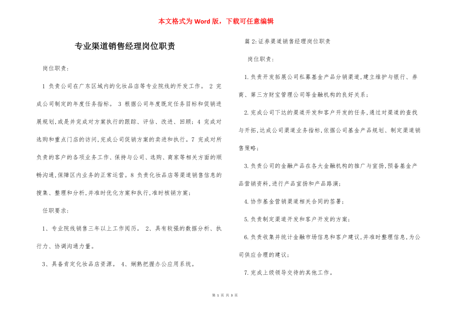 专业渠道销售经理岗位职责.docx_第1页