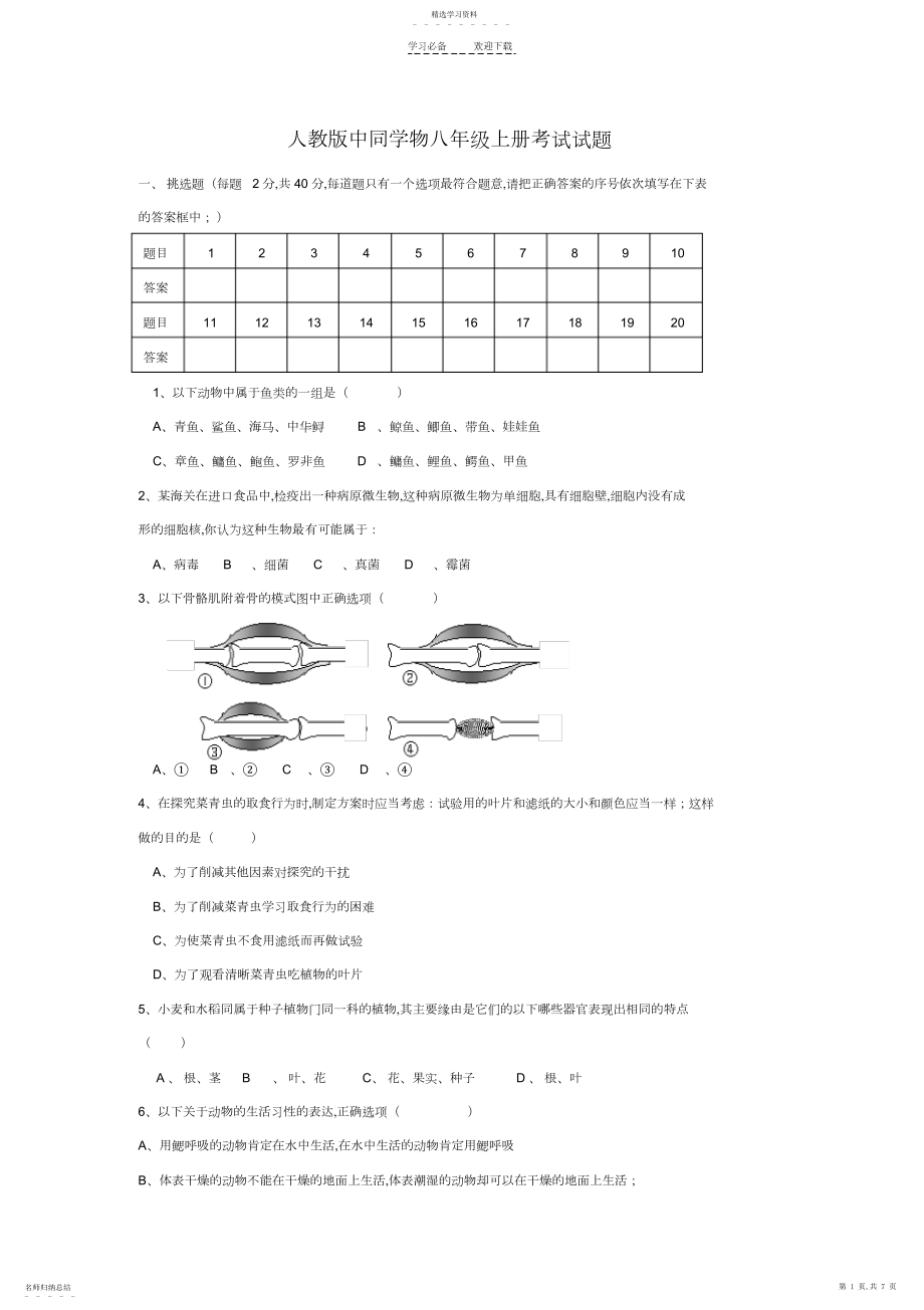 2022年人教版八年级上册生物检测试题.docx_第1页