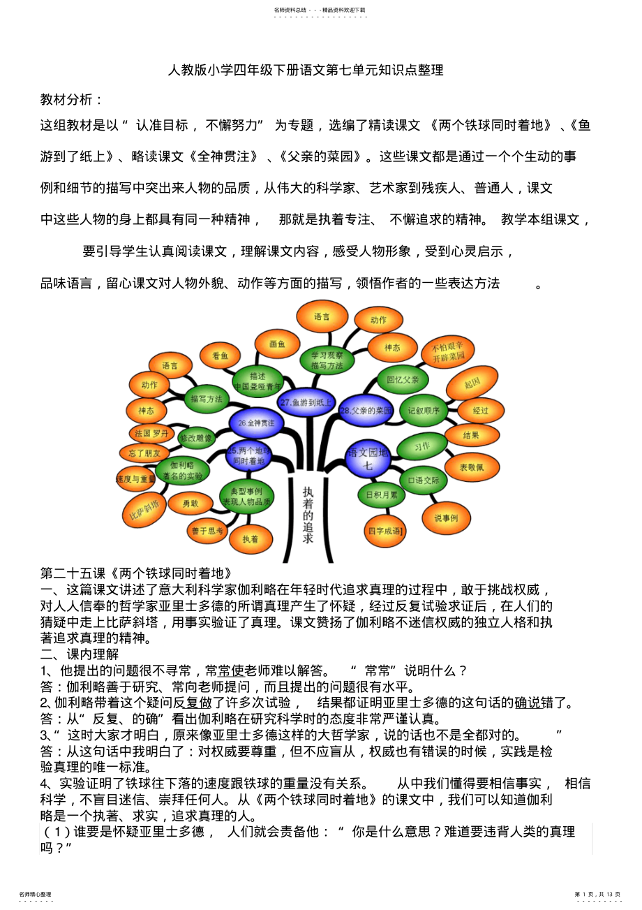 2022年人教版四下语文第七单元知识点复习题 .pdf_第1页