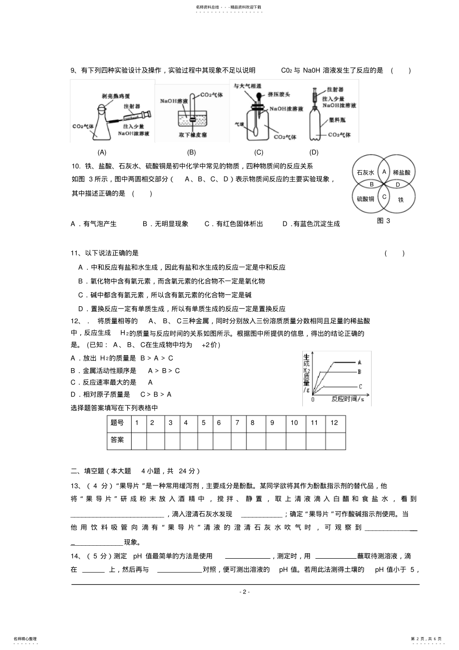 2022年人教版九年级化学下册第十单元常见的酸和碱检测题,推荐文档 .pdf_第2页