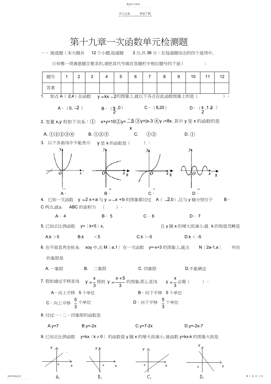 2022年人教版数学八年级下册--第十九章-一次函数-单元测试题.docx_第1页