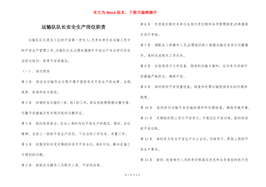 运输队队长安全生产岗位职责.docx_第1页