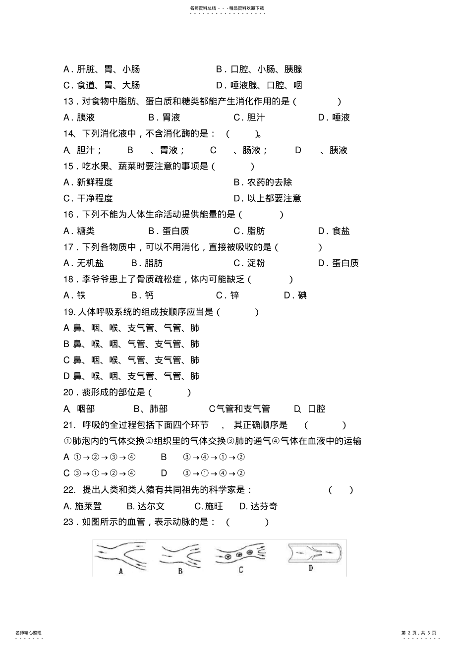 2022年人教版七年级生物下册期中测试题及答案,推荐文档 .pdf_第2页