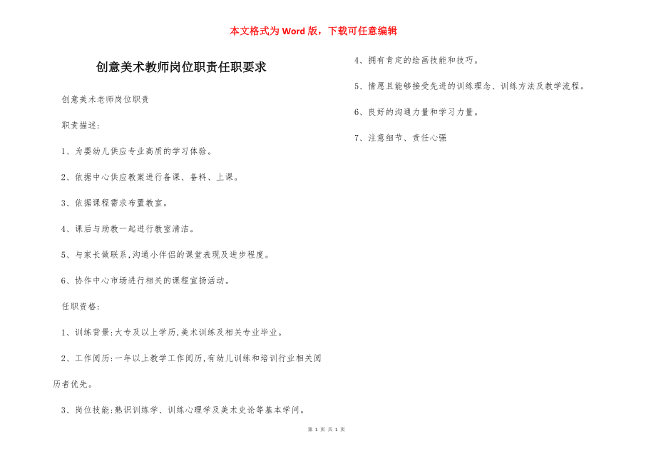 创意美术教师岗位职责任职要求.docx_第1页