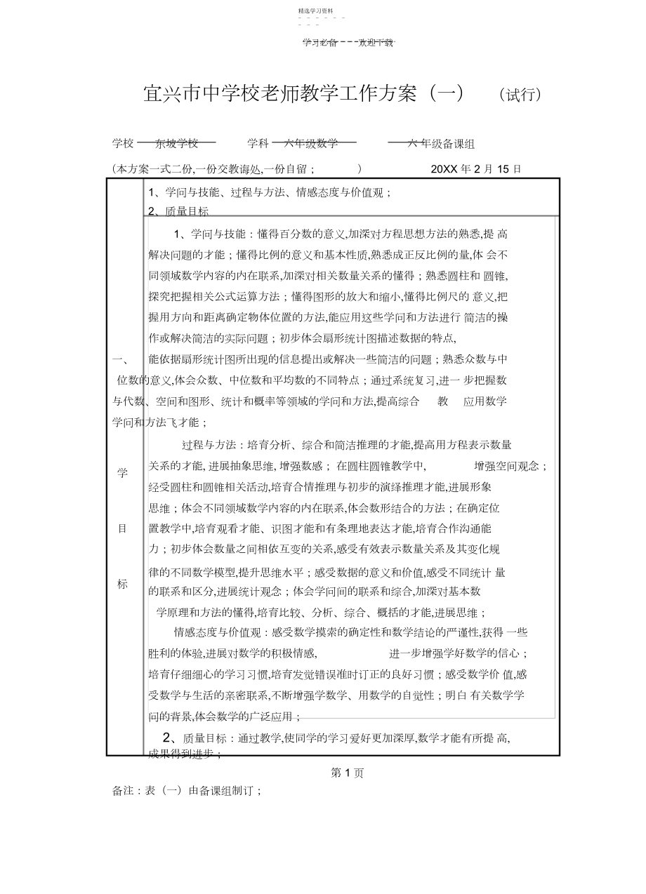 2022年苏教版六年级数学下册教学计划.docx_第1页