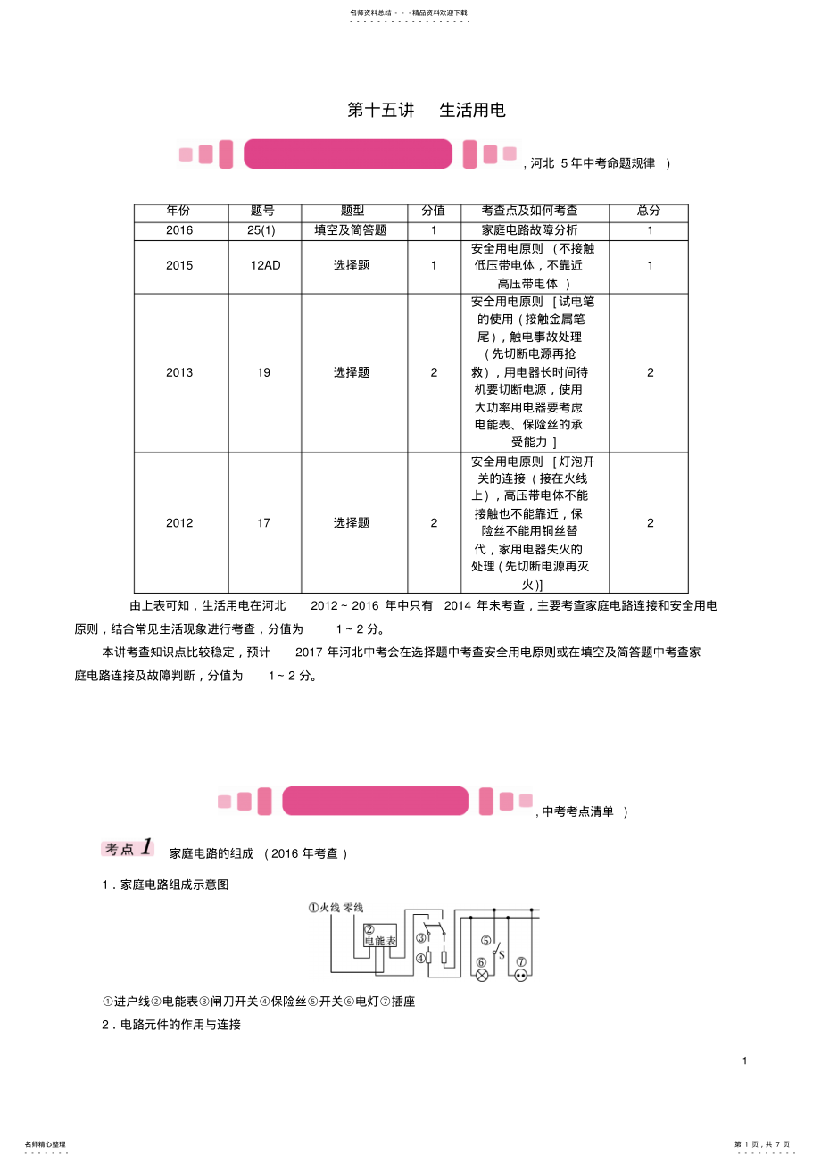 2022年中考物理总复习第一编教材知识梳理第十五讲生活用电试题 .pdf_第1页