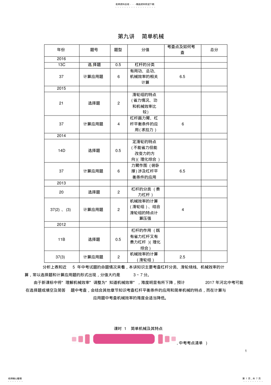 2022年中考物理总复习第一编教材知识梳理第九讲简单机械课时简单机械及其特点试题 .pdf_第1页