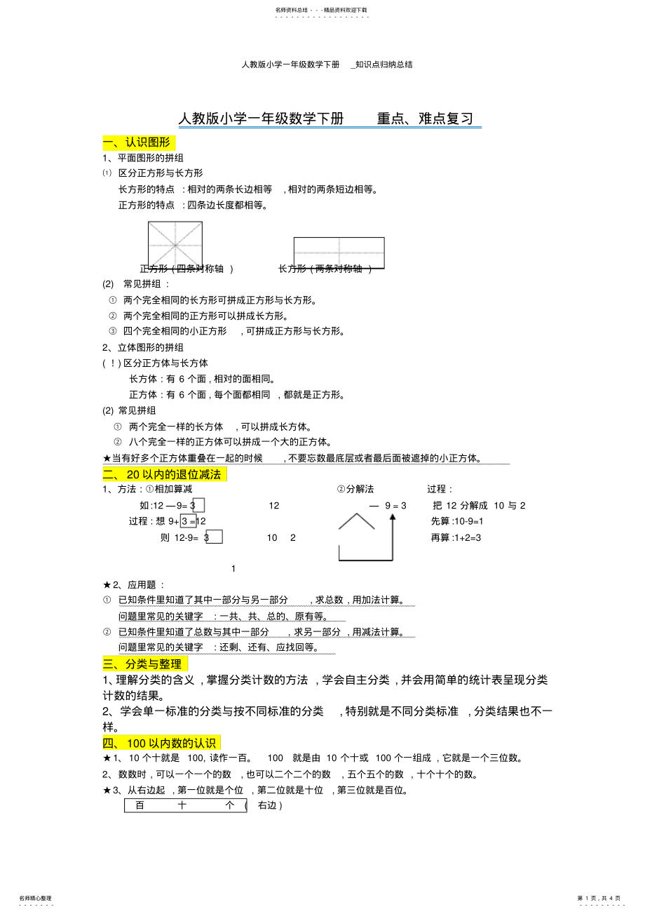 2022年人教版小学一年级数学下册_知识点归纳总结 .pdf_第1页