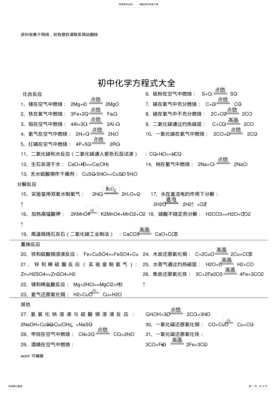 2022年人教版初中化学方程式大全资料 2.pdf_第1页