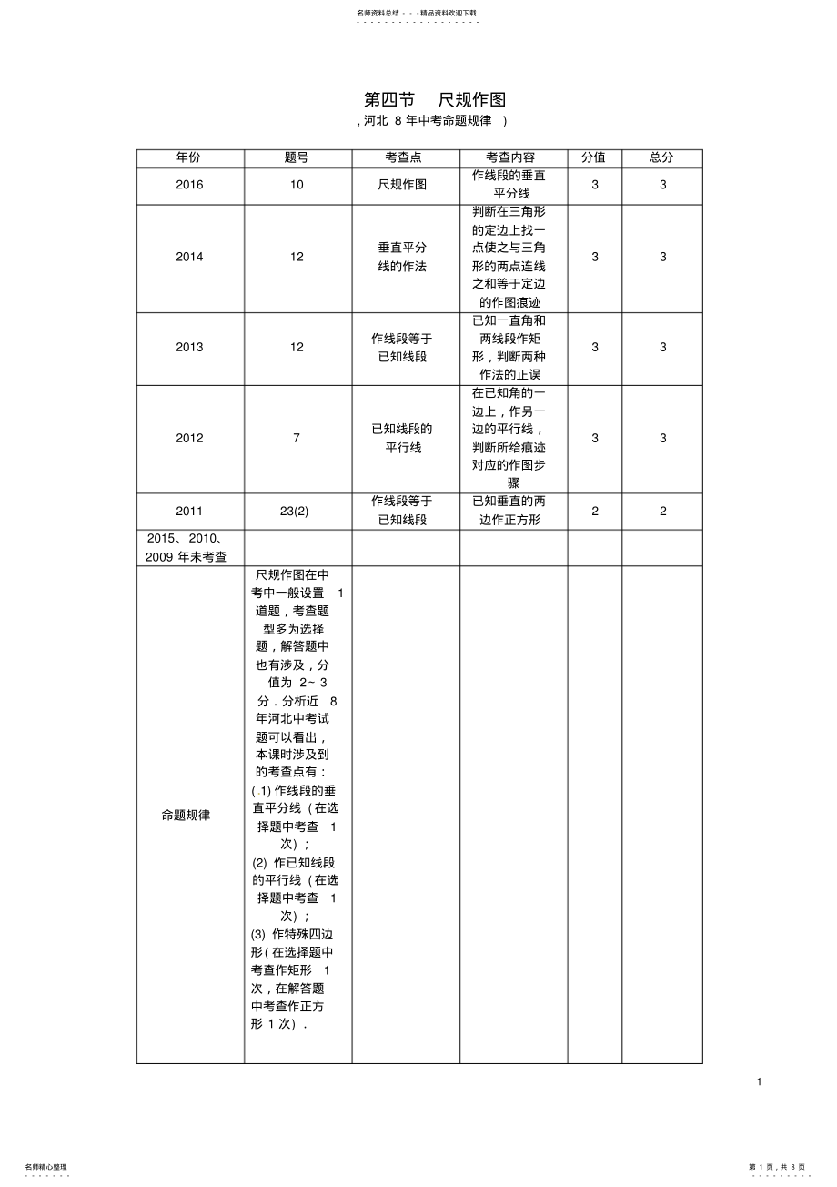 2022年中考数学第一编教材知识梳理篇第四章图形的初步认识与三角形、四边形第四节尺规作图试题 .pdf_第1页