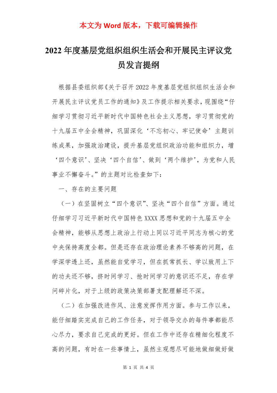 2022年度基层党组织组织生活会和开展民主评议党员发言提纲.docx_第1页