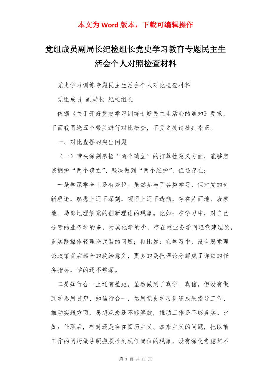 党组成员副局长纪检组长党史学习教育专题民主生活会个人对照检查材料.docx_第1页