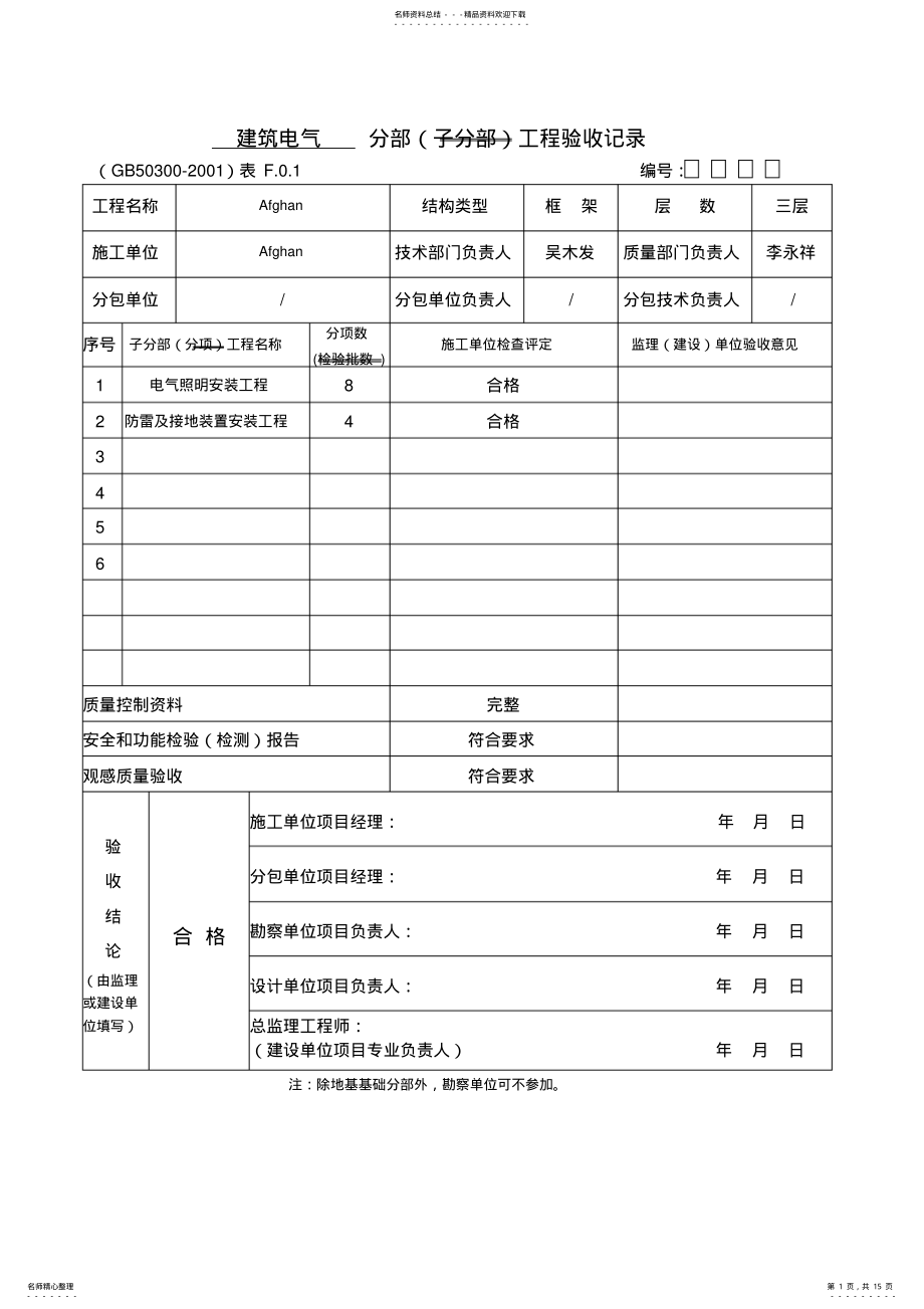 2022年全套建筑电气分部分项工程验收记录 .pdf_第1页