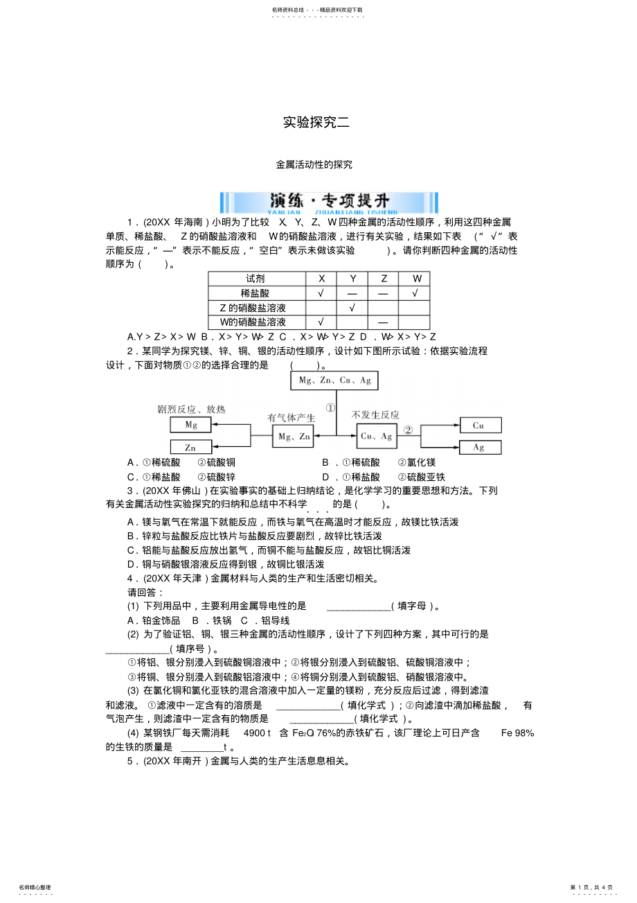 2022年中考化学复习第二部分专题提升专题五实验探究二金属活动性的探究试题 .pdf_第1页