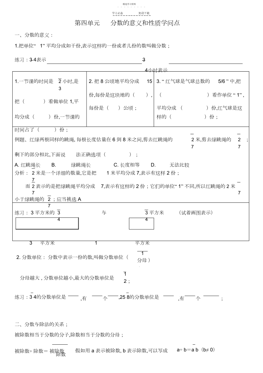 2022年五年级下册第单元分数意义的单元复习知识点.docx_第1页