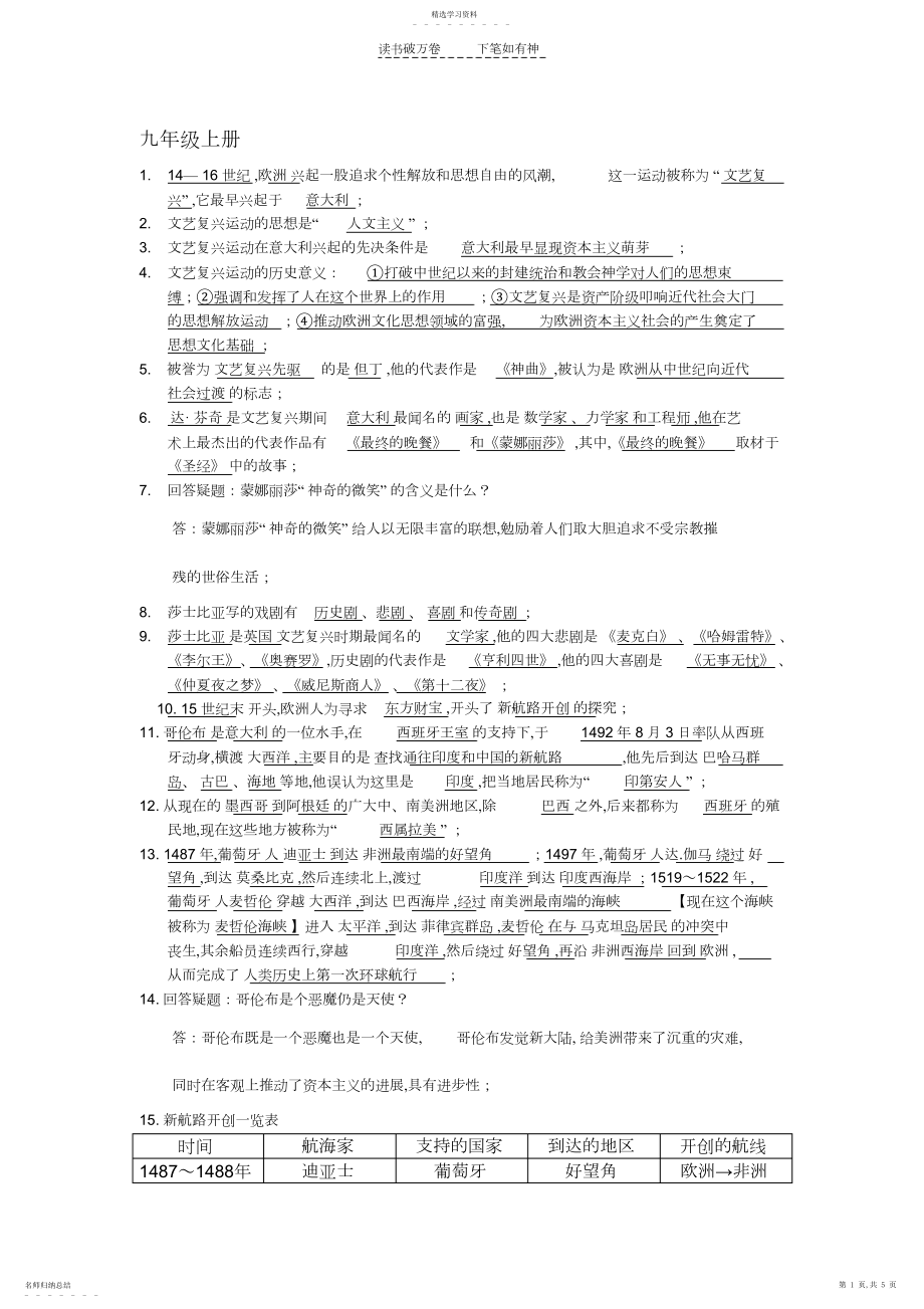 2022年九年级上册历史复习提纲北师大版.docx_第1页