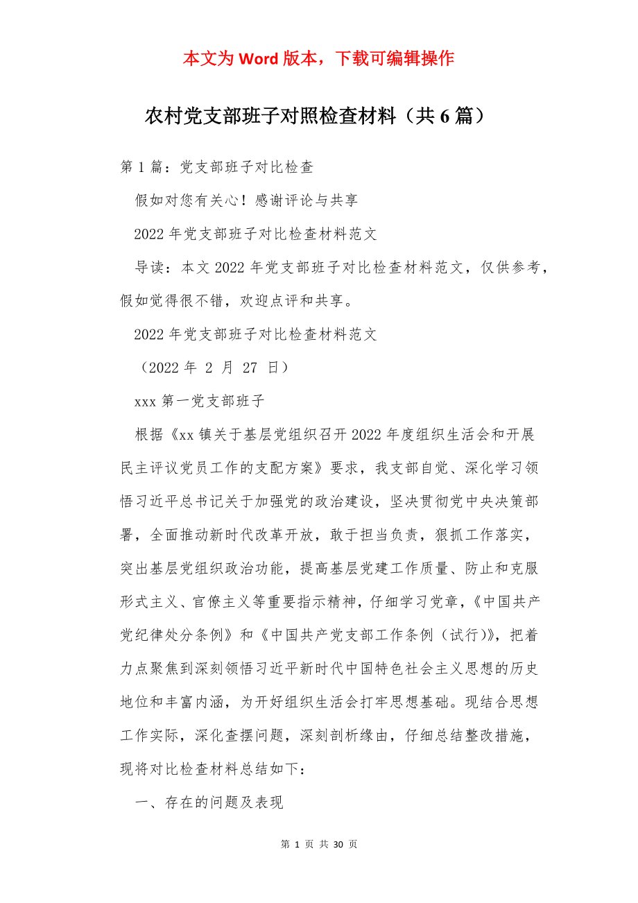 农村党支部班子对照检查材料（共6篇）.docx_第1页