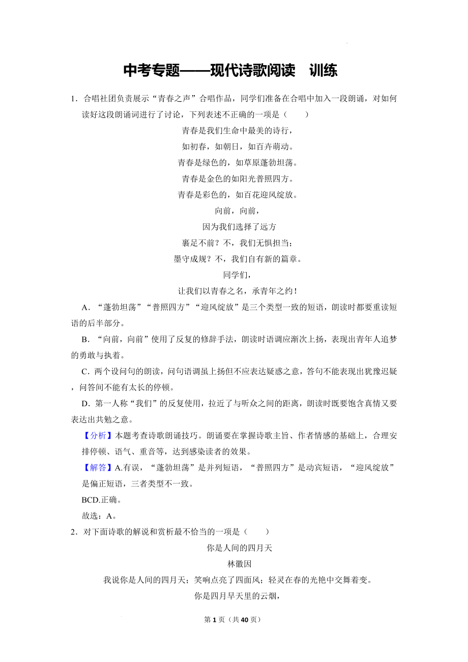 中考语文二轮专题训练：现代诗歌阅读.docx_第1页