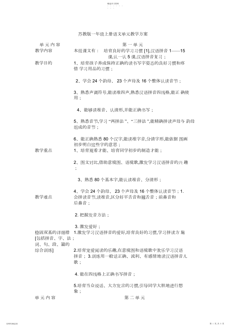 2022年苏教版一年级上册语文单元教学计划.docx_第1页