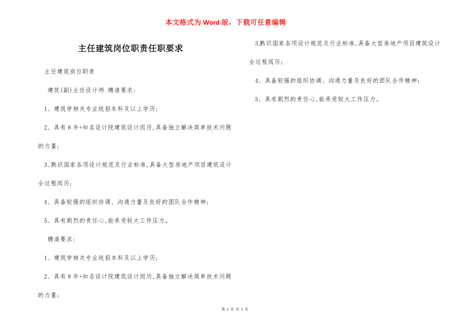 主任建筑岗位职责任职要求.docx_第1页