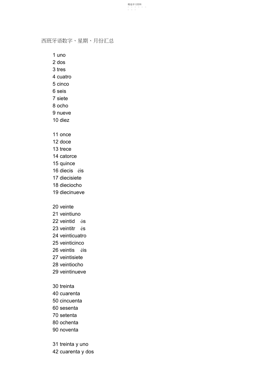 2022年西班牙语数字、星期、月份汇总.docx_第1页