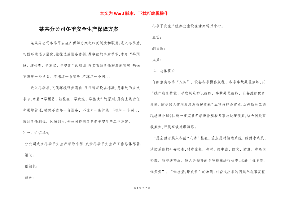 某某分公司冬季安全生产保障方案.docx_第1页