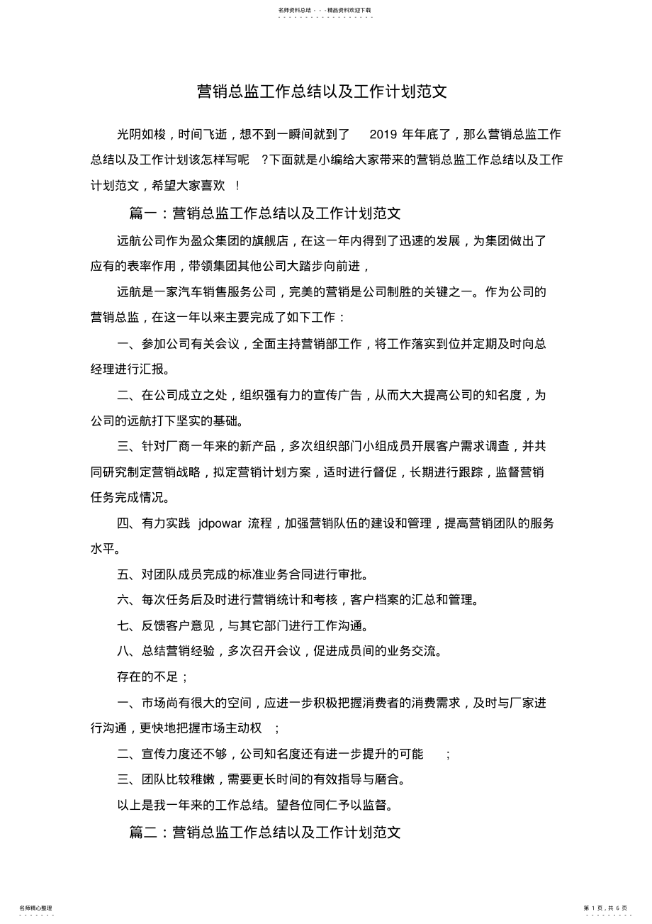 2022年营销总监工作总结以及工作计划范文 .pdf_第1页