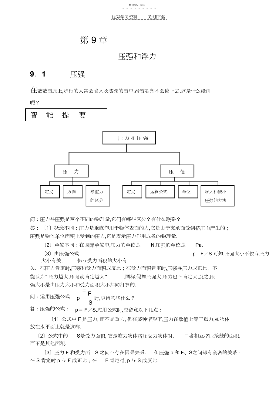 2022年苏科版物理八年级下册第九章压强和浮力同步辅导与训练.docx_第1页