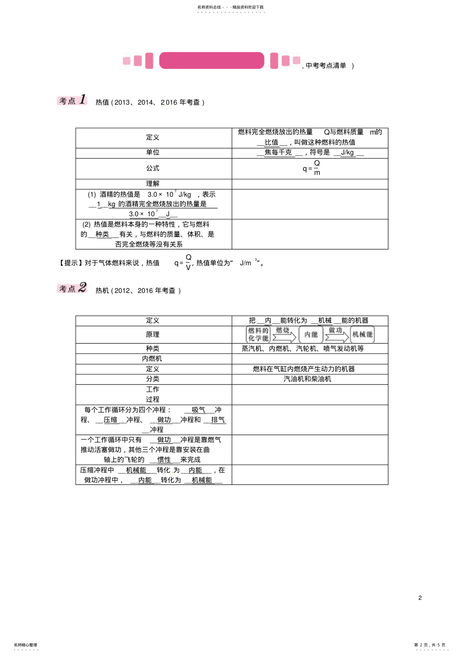 2022年中考物理总复习第一编教材知识梳理第十一讲内能内能的利用课时热机热量的计算能量的转化和守恒试 .pdf_第2页