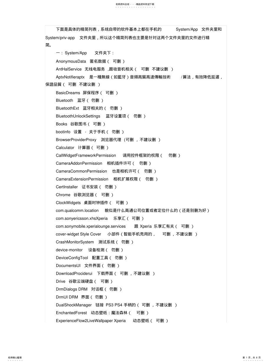 2022年索尼手机系统自带软件精简列表归纳 .pdf_第1页