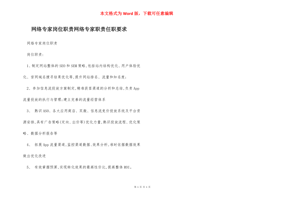 网络专家岗位职责网络专家职责任职要求.docx_第1页