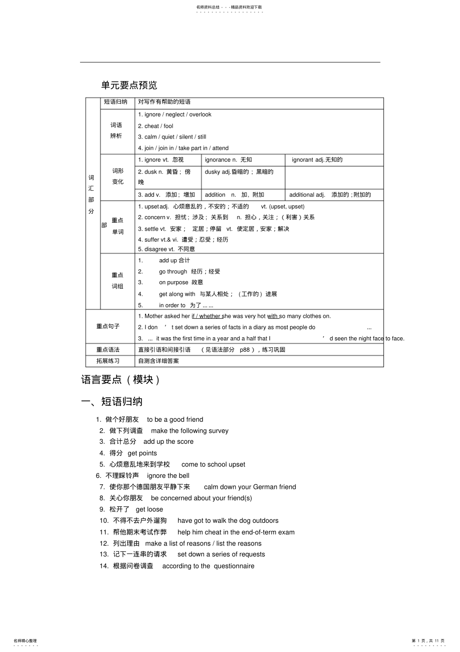 2022年人教版高一英语必修一unit全面复习 .pdf_第1页