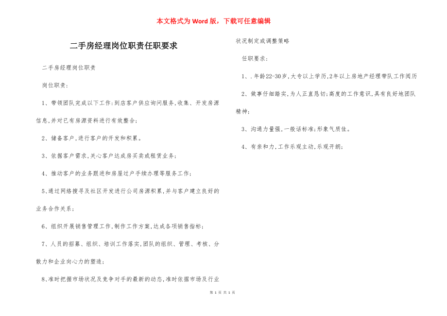 二手房经理岗位职责任职要求.docx_第1页