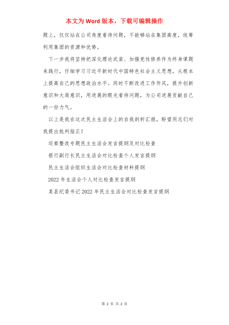 民主生活会对照检查发言提纲.docx_第2页