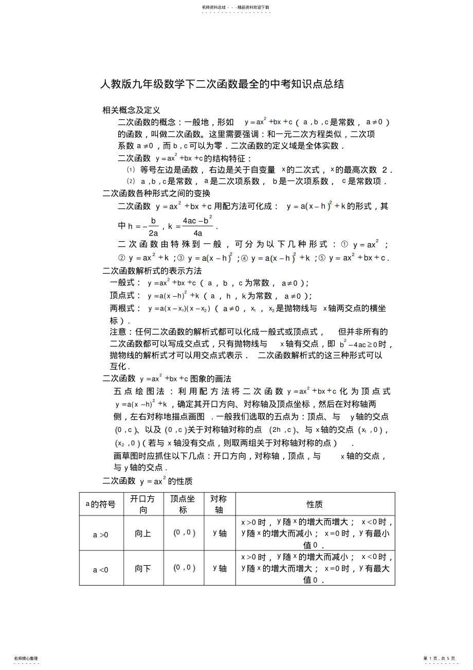 2022年人教版九年级数学下二次函数中考知识点总结 .pdf_第1页