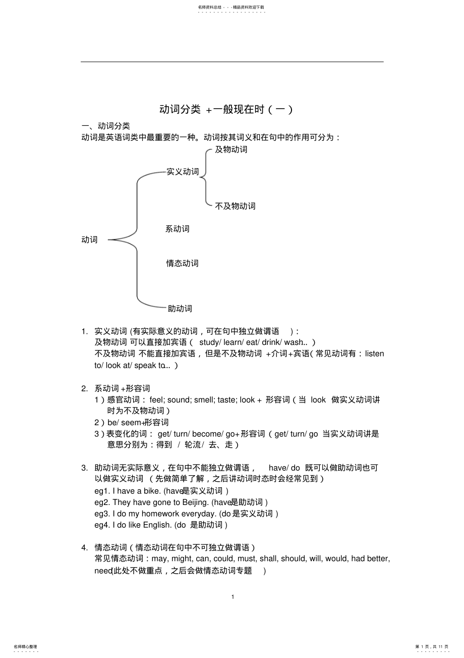 2022年英语动词分类+动词时态之一般现在时 .pdf_第1页