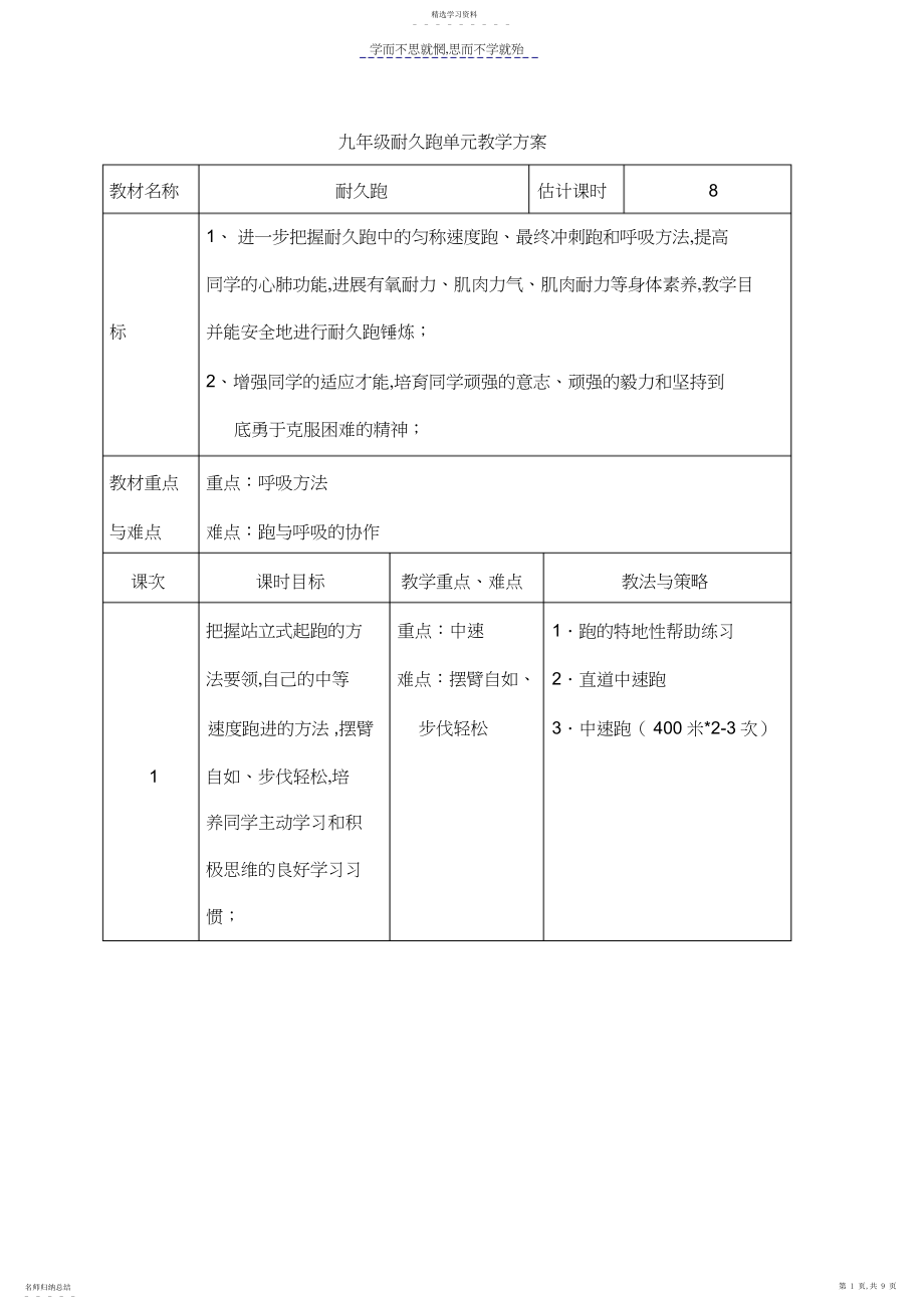 2022年九年级耐久跑单元教学计划,.docx_第1页