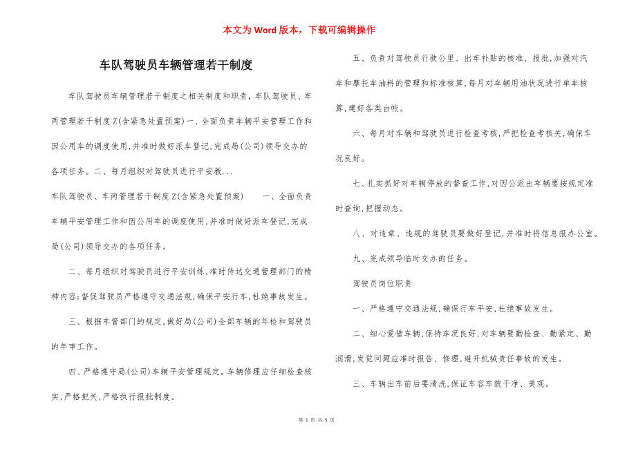 车队驾驶员车辆管理若干制度.docx_第1页